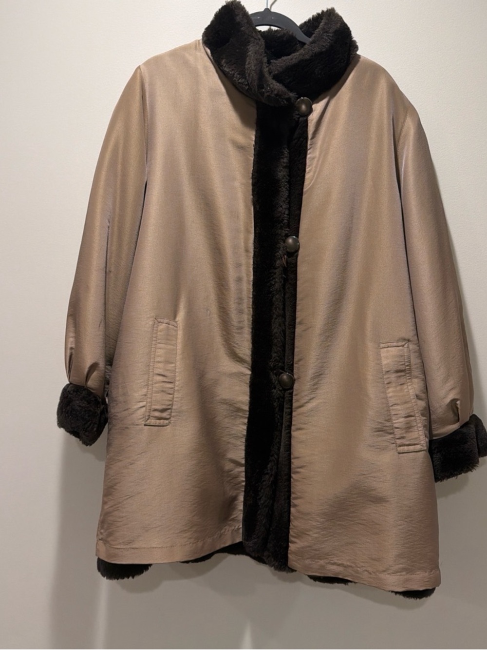 Vintage Women's Reversible Taupe Coat with Brown Faux Fur Trim